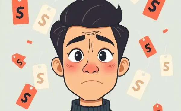A person looking puzzled amidst floating house price tags.
