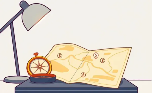 A whimsical illustration of a compass and a map with financial icons.