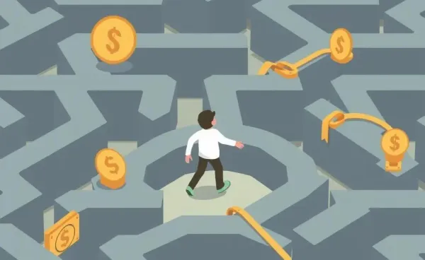 A person navigating a maze with bonds and money symbols.