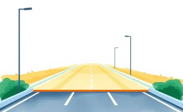 A watercolor depiction of an empty parking space with a serene road