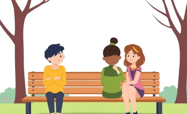 Cartoon image of friends sitting on a park bench, representing friendship dynamics.