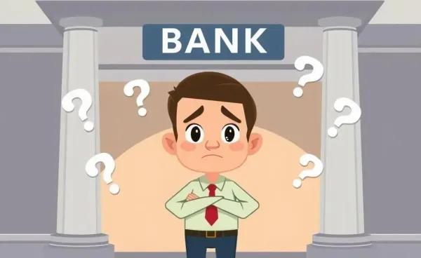 Cartoon of a puzzled person in a bank with question marks