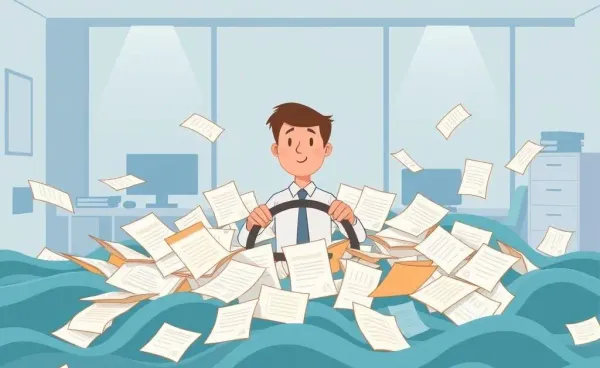 Person navigating a sea of paperwork in an office
