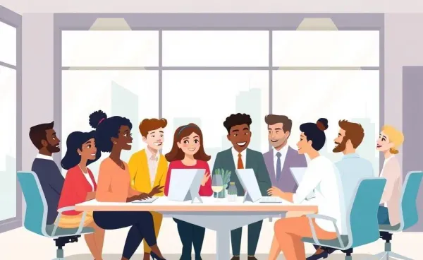 An illustration of a diverse group of employees discussing in an office setting