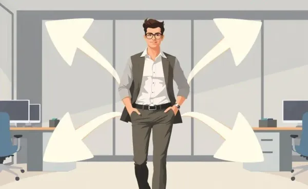 A person walking through an office with symbolic arrows indicating change