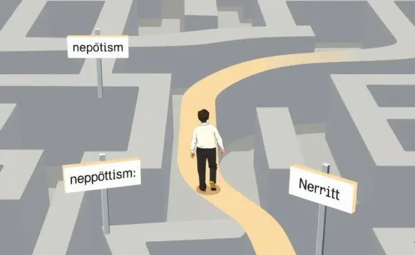 Cartoon of a person navigating a workplace maze with nepotism signs.