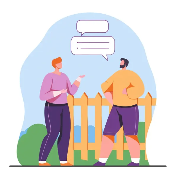 Two cartoon neighbors discussing a land dispute over a fence