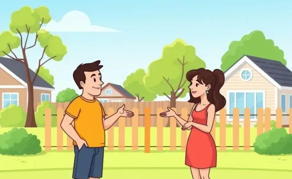 Two neighbors discussing a property boundary over a fence