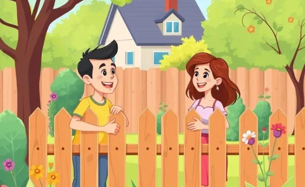 Two friendly neighbors discussing over a garden fence