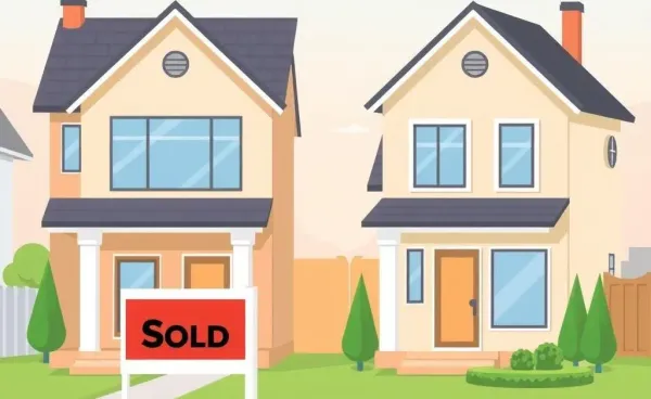 Illustration of a 'Sold' sign in front of a house next to another house