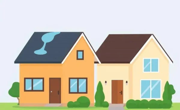 Two side-by-side houses with one having a roofline that affects the other