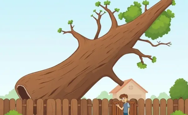 A cartoon of a fallen tree crossing a property line with a thoughtful homeowner.