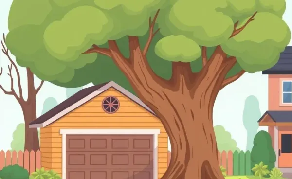 Illustration of a fallen tree leaning onto a garage in a neighborhood