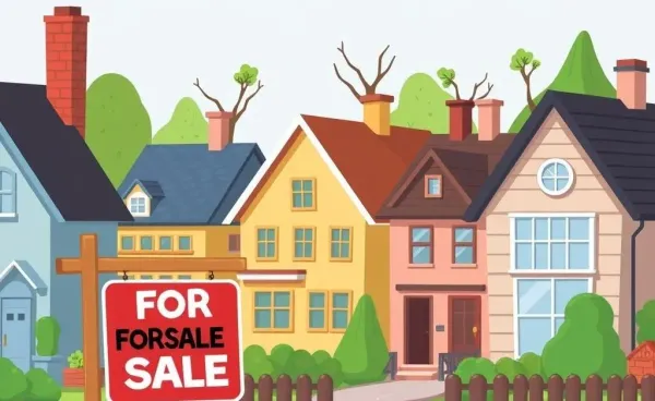 A quirky neighborhood with a For Sale sign and older houses