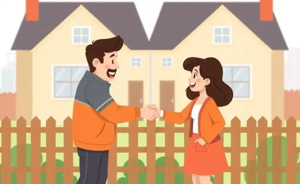 Two neighbors shaking hands over a fence, symbolizing resolution and harmony