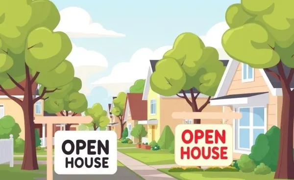 Cartoon of a neighborhood with a welcoming open house sign