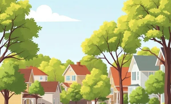 A cozy neighborhood street with various houses.