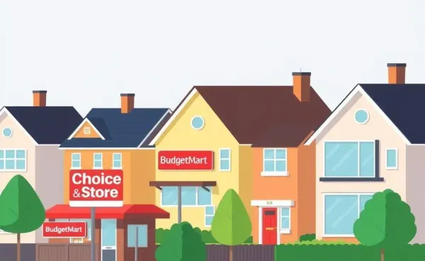An illustration of a neighborhood with different supermarket signs alongside houses.