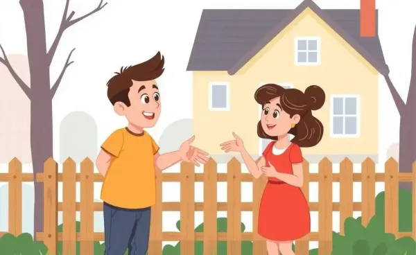 Illustration of two neighbors talking over a fence peacefully