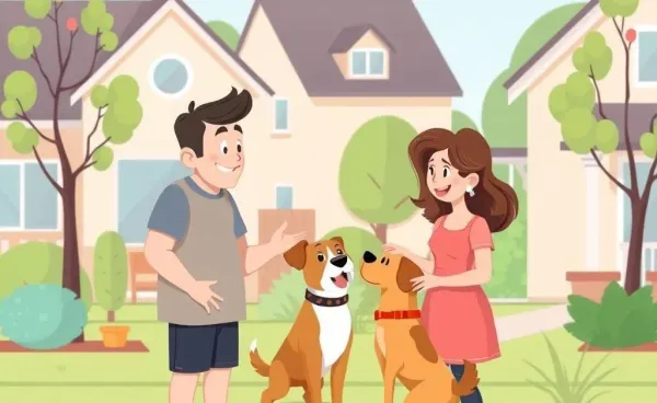 Illustration of two neighbors discussing a dog.