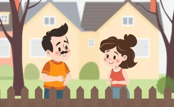 Two neighbors chatting over a fence with calm expressions