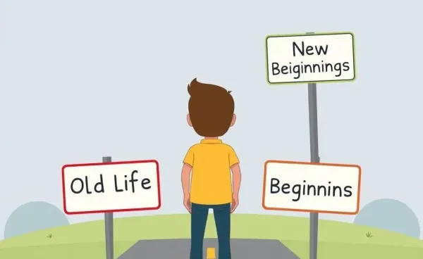 A person at a fork in the road choosing between old life and new beginnings