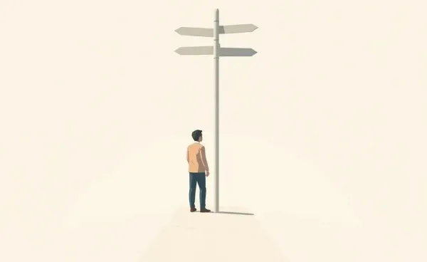 A person standing on a clear path with crossroads signpost, symbolizing choice and direction.