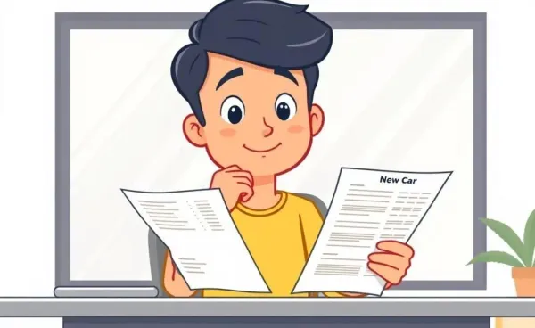 Person pondering over financial documents and car purchase