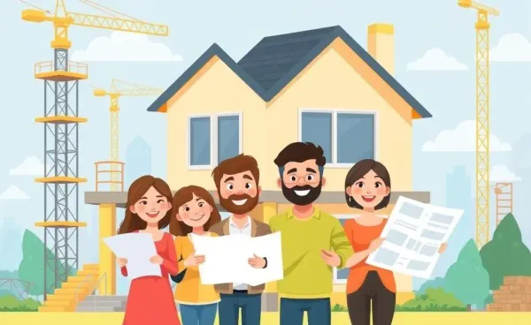 Family in front of a new home under construction