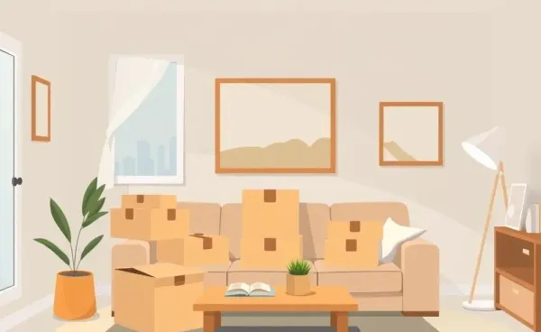 Illustration of a cozy living room with unpacked boxes