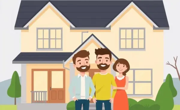 Cartoon illustration of joyful new home owners