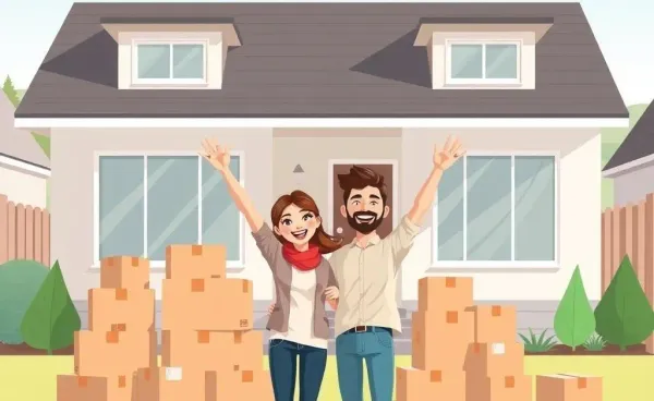 A happy couple standing in front of their new home with moving boxes