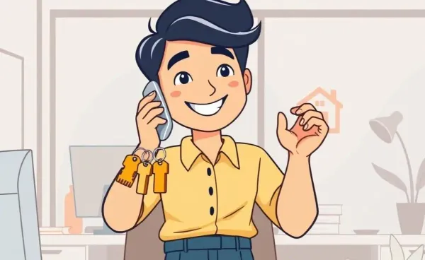 Illustration of a person with house keys and a phone in an office setting.