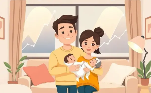 A cozy cartoon scene of new parents balancing money and life with a baby