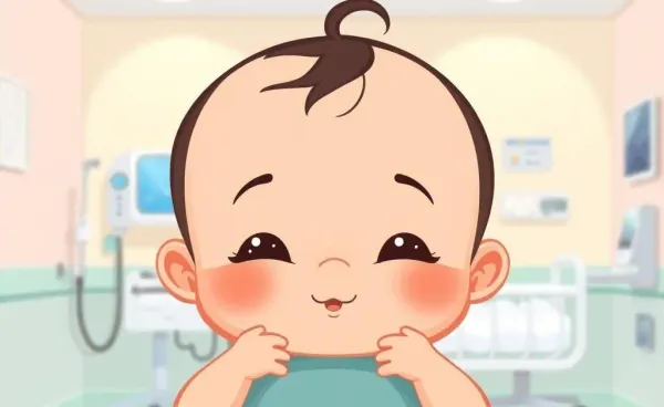 Cartoon of a newborn baby in a healthcare setting