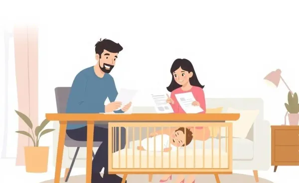 A family reviewing insurance documents for their newborn