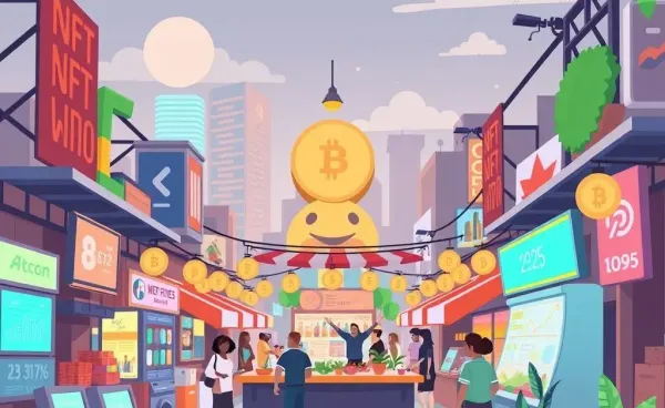 A colorful digital marketplace showcasing NFT trading in 2025