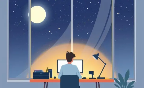 Illustration of a person working at a desk at night with stars visible through the window