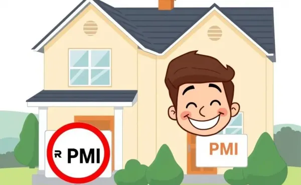 Cartoon depiction of stopping PMI costs with a house and a ‘No PMI’ sign.