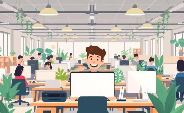 A content employee working at a desk with a laptop and no phone
