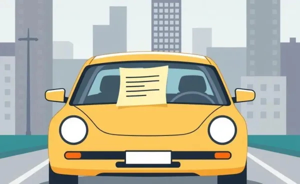 Illustration of a car with a note on the windshield.