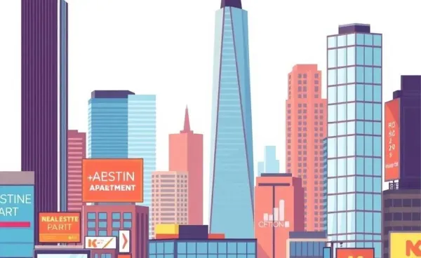 Illustration of New York City skyline with real estate investment signs.