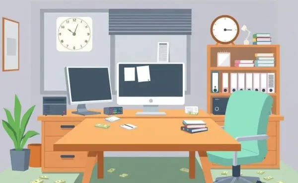 Office workspace with scattered money illustrating financial challenges