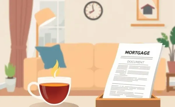 A cozy living room with a warm cup of tea and a mortgage document
