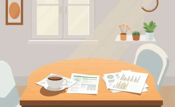 A cozy kitchen table with financial papers and a cup of coffee