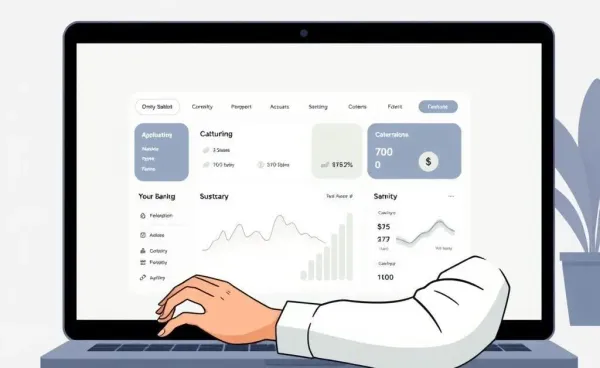 User peacefully navigating a stylish online banking interface on a laptop