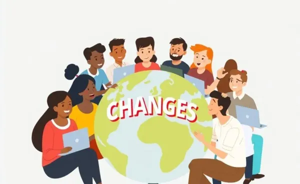 A diverse group of people discussing digital changes around a globe