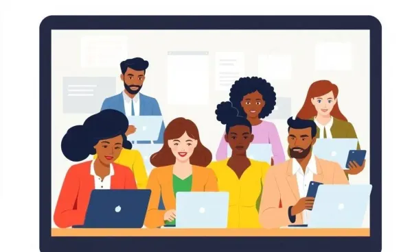 An animated illustration of a diverse group discussing portfolio tips online.
