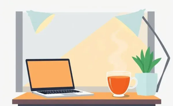 A cozy workspace with a laptop and a warm cup of tea