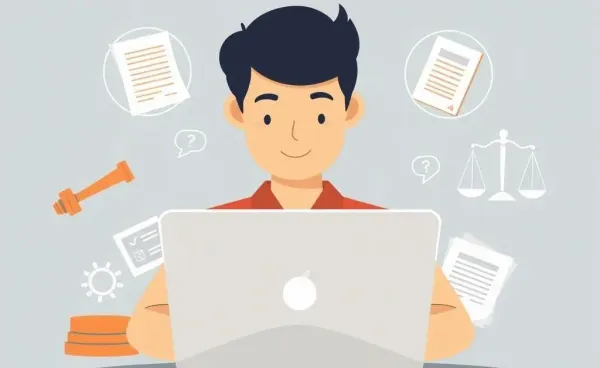 Person exploring online legal services on a laptop with legal icons